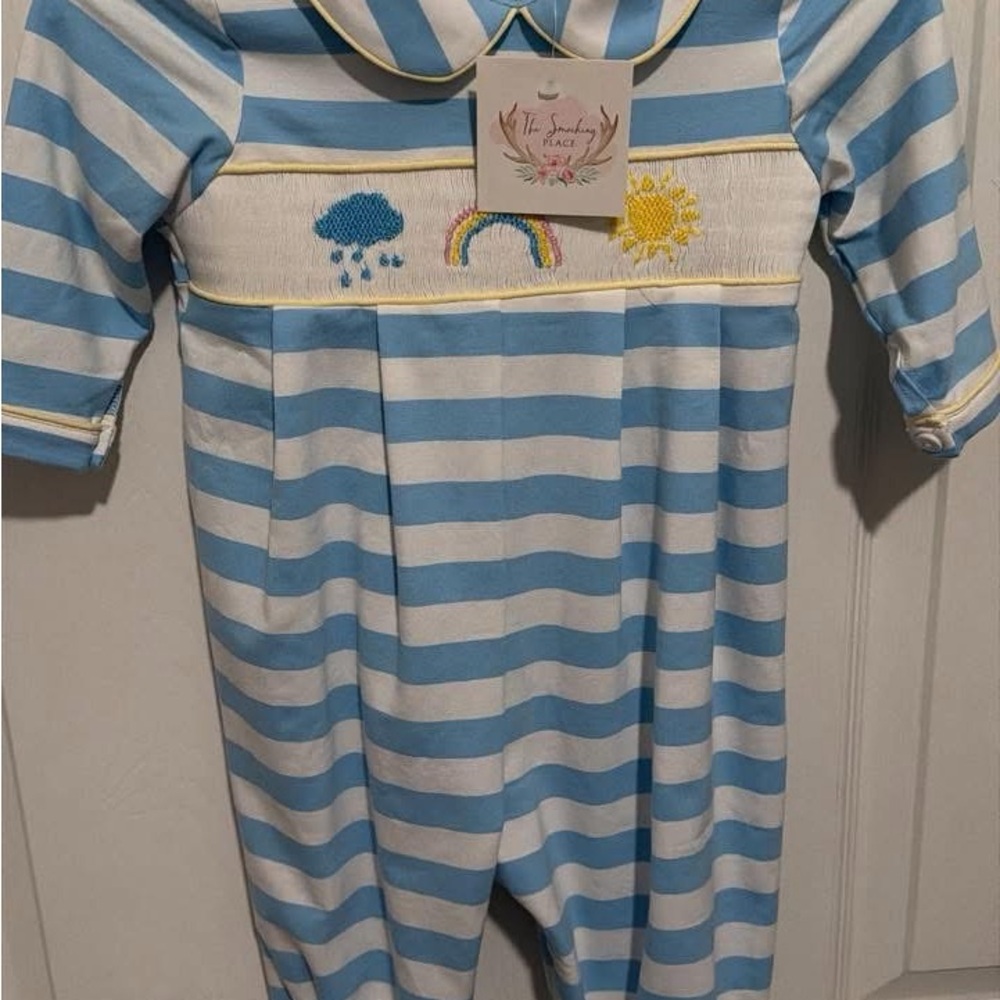 Striped Blue and White Kids Footie with Embroidery